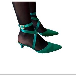 Tom Ford Era YSL Emerald Satin Rhinestone Buckle Kitten Heels 8/8.5 – Y2K 2000s